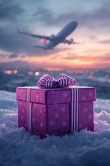 A purple gift box with ribbons sits on snow as an airplane flies above in the evening sky. The scene shows a mix of colors as the sun sets in the background.