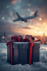 A gift box sits on the snow with a red ribbon. An airplane flies in the sky above as the sun sets. The scene suggests festive times during Christmas and New Year celebrations.