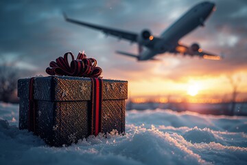 A gift wrapped in colorful paper sits on fresh snow while a plane flies above against a sunset sky. This scene captures the spirit of the holiday season as winter approaches.