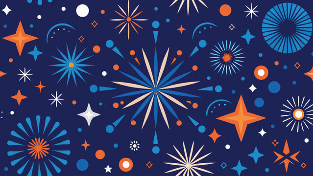 Colorful fireworks explode against a deep blue background, creating a vibrant and festive atmosphere..eps