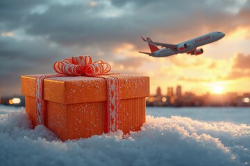 A gift box is placed in the snow as an airplane flies overhead during sunset. The scene captures the joy of the holiday season and the excitement of travel.