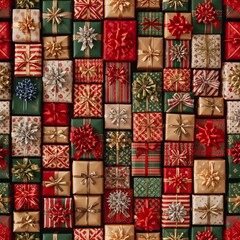 Seamless pattern. Many wrapped gifts are placed together in a festive pattern. The colors include red, green, and gold. These gifts are prepared for Christmas and New Year celebrations.