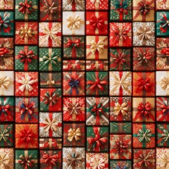 Seamless pattern. Gifts in various colors and patterns are neatly arranged together for the Christmas and New Year celebration. Bright bows and wrapping paper create a festive look for the holiday.