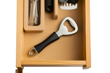 Stainless steel bottle opener with black handle in wooden drawer on a transparent background