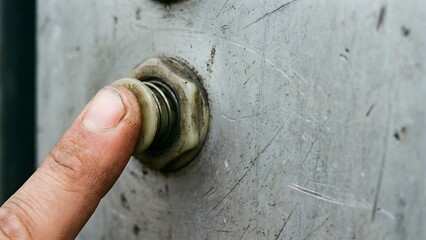 Finger Pressing Metal Doorbell Button Closeup.