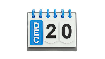 Calendar showing December 20th, isolated on white