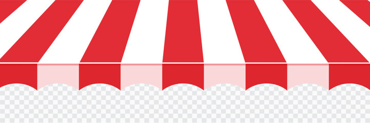 Awning tent canopy striped roof, sunshade. Cafe, shop or restaurant front view curtain. Rain protection awning for franchise stores © Alyona