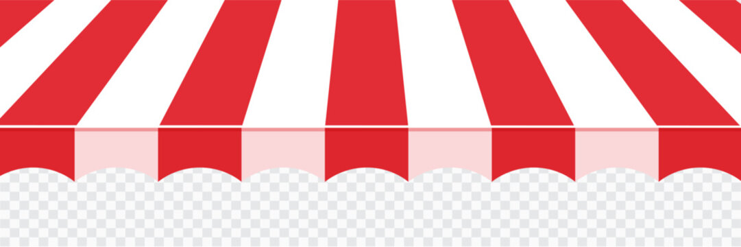 Awning tent canopy striped roof, sunshade. Cafe, shop or restaurant front view curtain. Rain protection awning for franchise stores