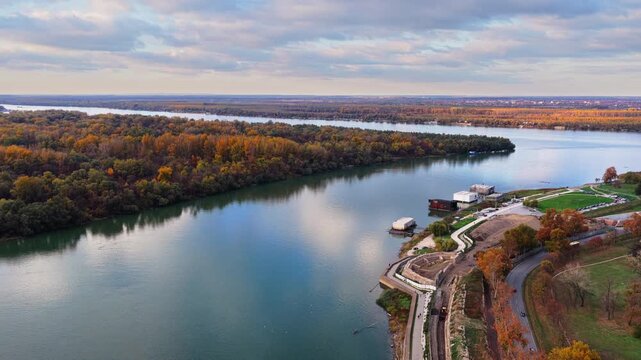 Aerial drone view of the Sava River near Ada Ciganlija in Belgrade, Serbia
