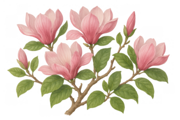 Pink magnolia flowers blooming on a tree branch, creating a beautiful floral design, watercolor style, transparent background