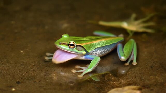 A green frog with its tongue out.