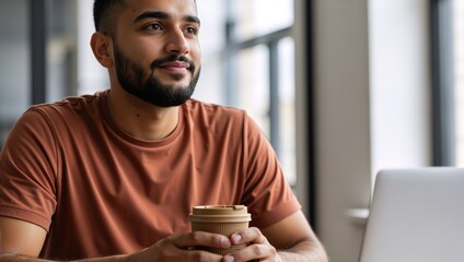 Pensive young man with a beard holding a coffee cup and thinking. Professional freelancer or student taking a break in a modern office with a laptop