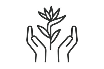 Hands holding a growing plant with leaves and a flower