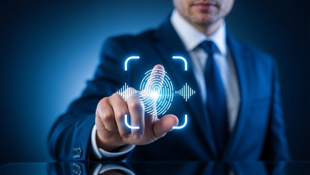 Security technology: A businessman touches a glowing fingerprint scanner on a virtual screen. Concept of biometric authentication, digital identification, and access control. - Powered by Adobe