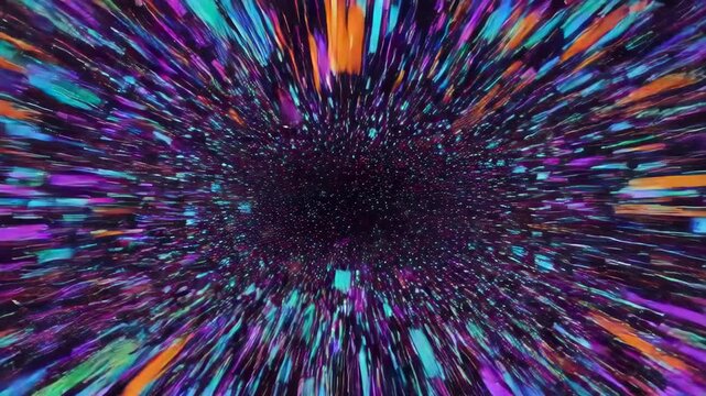 A deep space vista of vibrant, streaking colors converging inward toward a dark central void