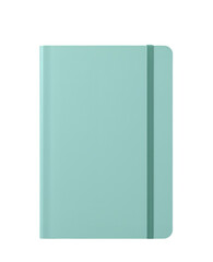 Mint green notebook mockup, blank hardbound journal with elastic strap PNG isolated on transparent background.