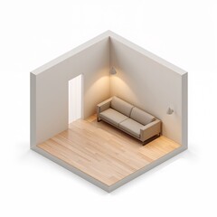 Modern living room interior with beige sofa and wooden floor