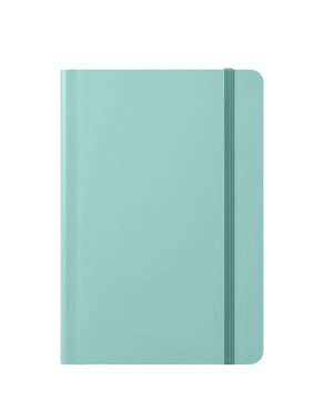 Mint green notebook mockup, blank hardbound journal with elastic strap PNG isolated on transparent background.