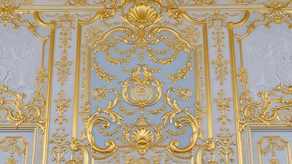 Elaborate gold rococo style wall paneling with intricate scrollwork and shell motifs on a light blue background, showcasing classical interior design.