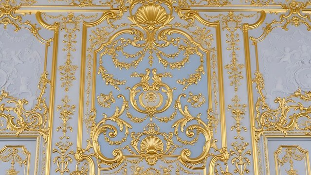 Elaborate gold rococo style wall paneling with intricate scrollwork and shell motifs on a light blue background, showcasing classical interior design.