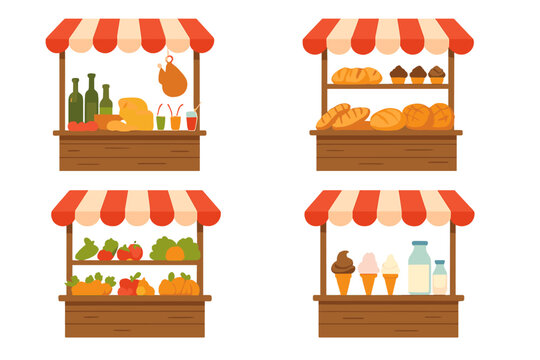 Four market stalls with various food items
