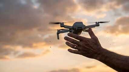 Hand Launching Drone into Cloudy Sky.