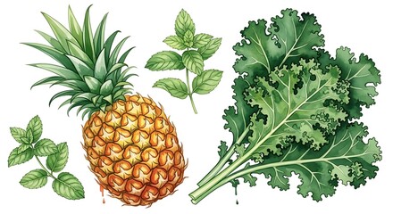 Fresh Pineapple and Kale Leaves with Mint Sprigs Isolated on White Background.