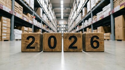 Year 2026 Logistics and Supply Chain Concept with Wooden Blocks in Warehouse