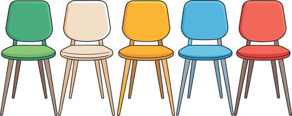 Colorful Modern Chairs Set with Wooden Legs for Interior Furniture Design Illustration