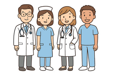 Four diverse healthcare professionals standing together