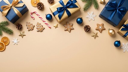 Elegant Christmas Flatlay with Blue and Gold Gift Boxes and Ornaments