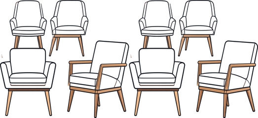 Modern Armchairs Set with Wooden Legs Outline Illustration for Interior Furniture Design