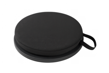 Black swivel seat cushion providing rotating mobility support and comfort, designed for car seats or chairs, transparent background