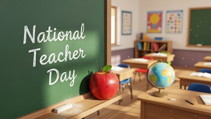 Classroom with chalkboard and apple for National Teacher Day