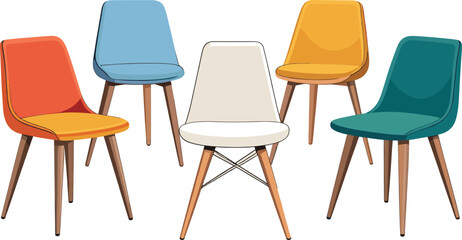 Stylish Colorful Modern Chairs Set with Wooden Legs for Interior Furniture Design Illustration