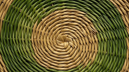 Close-up of a woven spiral pattern in natural green and tan fibers, showcasing intricate craftsmanship and texture.