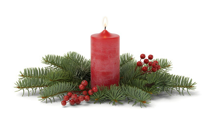 Red Christmas Candle with Evergreen Branches and Berries Isolated on White Background