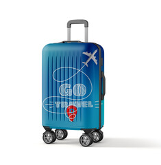 Travelling Themed Travel Suitcase on white background
