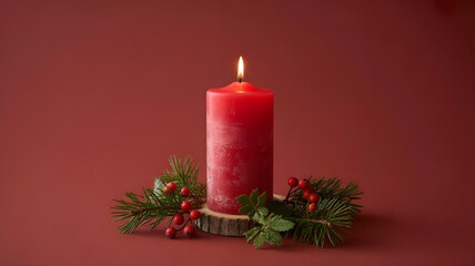 Red Christmas Candle with Evergreen Wreath on Red Background, Festive Holiday Concept