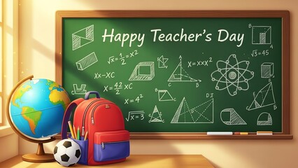 Classroom with chalkboard math equations and globe