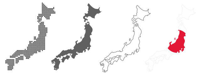 Obraz premium Japan Map Set with Dot, Silhouette, Outline and Flag Vector