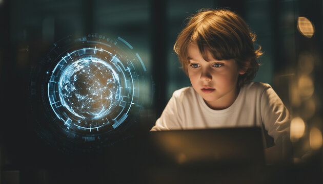 Little boy using laptop with futuristic digital globe hologram. Child online safety and cyberbullying concept.