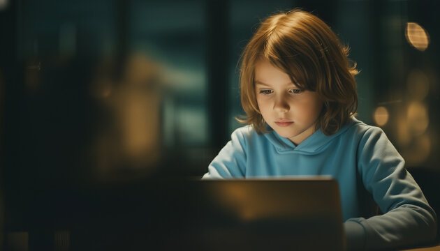 Little boy looking at laptop screen in dark room. Child online safety and cyberbullying concept.