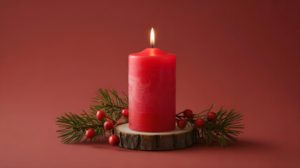 Red Christmas Candle with Evergreen Wreath on Red Background, Festive Holiday Concept