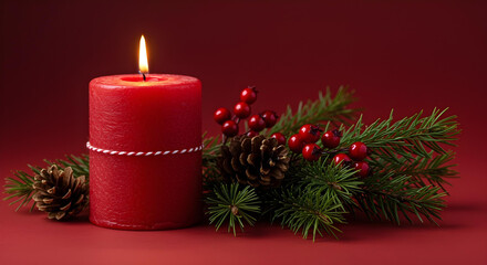 Red Christmas Candle with Evergreen Wreath on Red Background, Festive Holiday Concept