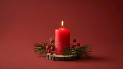Red Christmas Candle with Evergreen Wreath on Red Background, Festive Holiday Concept