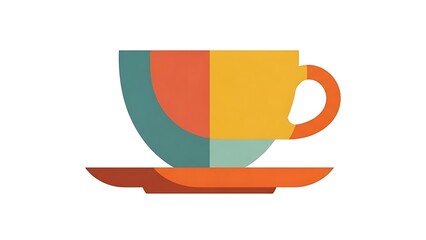 A colorful, geometric illustration of a coffee cup on a saucer, with a modern flat design and vibrant orange, yellow, and green hues against a clean white background.