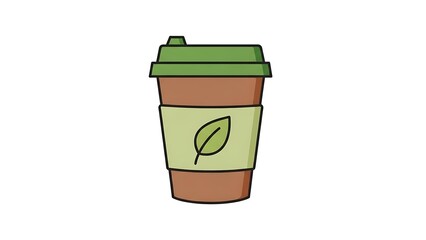 Illustration of a brown disposable coffee cup with a green lid and leaf design on a white background.