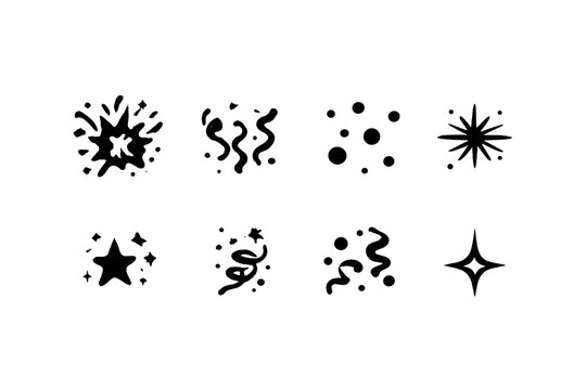 Black Confetti Icons. Party confetti explosion. Filled icon set of party confetti explosion: blast shape,