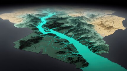 Detailed 3D Map of River System with Mountains and Terrain Features